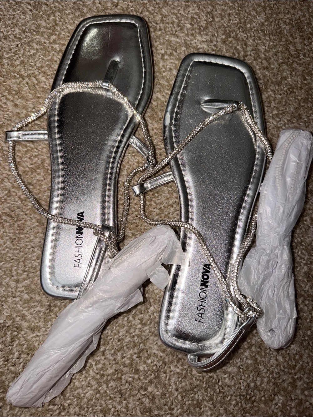 Fashion Nova Silver Rhinestone Strap Square-Toe Sandals